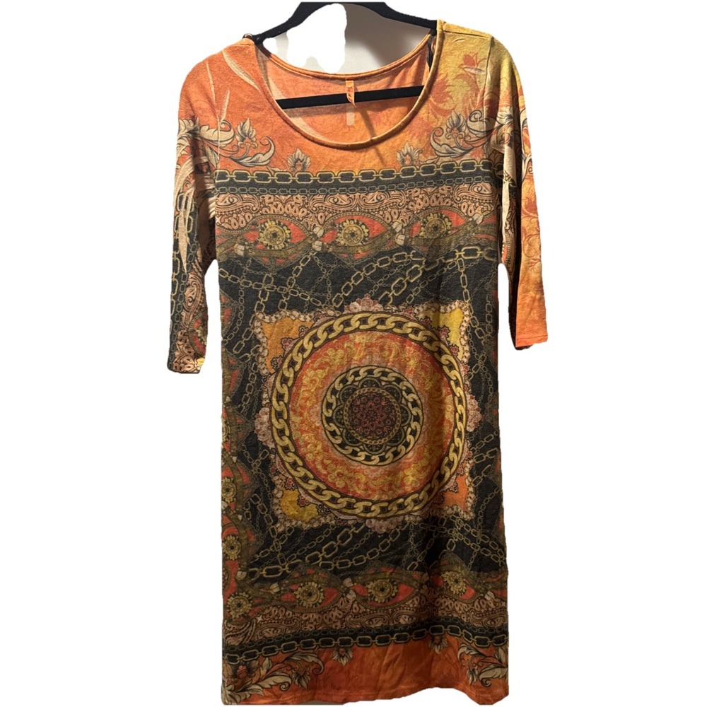 Women's Fresh Of LA Dress Petite Medium Orange Multicolor 3/4 Sleeve Scoop Neck